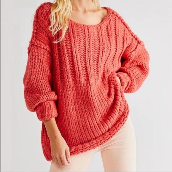 Free People Sweater Be There Pullover Chunky Loose Knit Slouchy Boho Coral NWOT - Picture 1 of 11